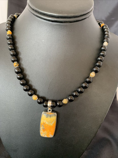 Men's Navajo Pearls Onyx Bumblebee Jasper Necklace Pendant | Sterling Silver | Native American Handmade | 10326