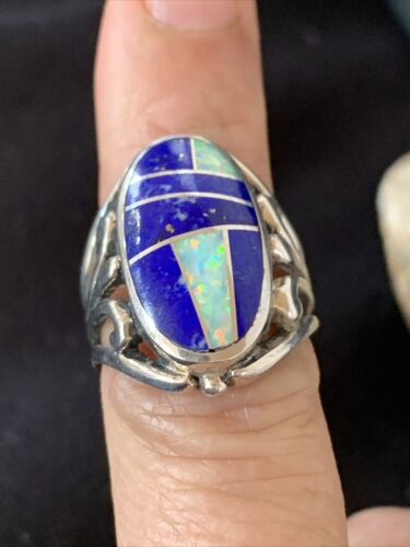 Native American Navajo Lapis & Opal Inlay Ring | Sterling Silver | Sz 7 | 1484
