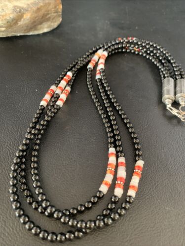 Native American 3-Strand Mother of Pearl Spiny Oyster Onyx Necklace | Sterling Silver | 13909