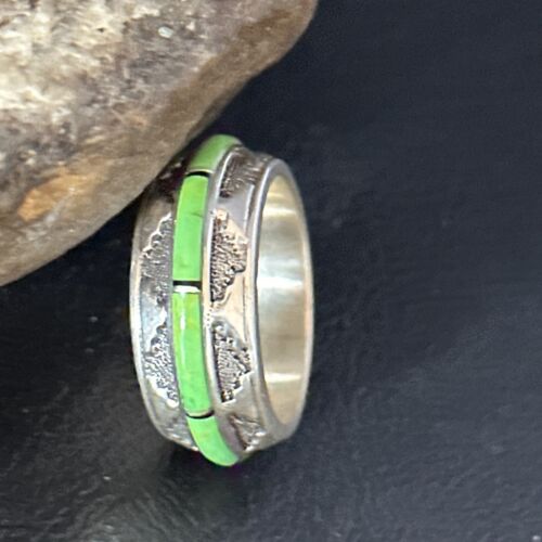 Navajo Green Gaspeite Inlay Eternity Band Ring | Sterling Silver | Sz 9.5 | Authentic Native American Handmade | 14548