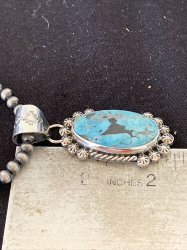 Men's Navajo Pearls Necklace with Blue Kingman Turquoise Pendant | Sterling Silver | Authentic Native American Handmade | 00841