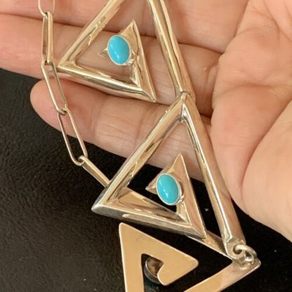 Navajo Squash Blossom Necklace & Earrings Set | Kingman Turquoise | Sterling Silver | Authentic Native American Handmade | 10926