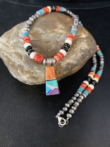 Navajo Multi-Color Turquoise Onyx Inlay Pendant Necklace | Sterling Silver | 13798