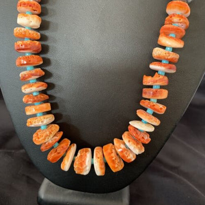 Navajo Orange Spiny Oyster & Turquoise Necklace | Sterling Silver | Authentic Native American | Graduated | 20" | 1504