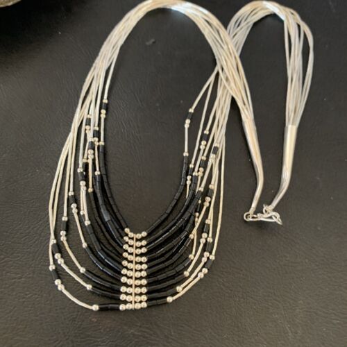 Navajo Black Onyx Liquid Silver Heishi Necklace | 10 Strand Sterling Tubes | Authentic Native American | 12298