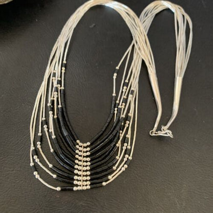 Navajo Black Onyx Liquid Silver Heishi Necklace | 10 Strand Sterling Tubes | Authentic Native American | 12298