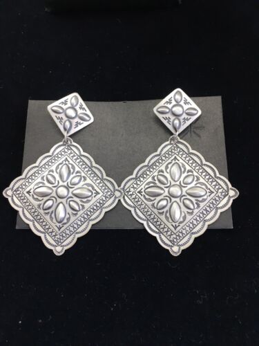 Native American Navajo Stamped Earrings | Sterling Silver | 2.75" | 1733 - Masha USA