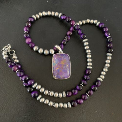 Navajo Pearl Purple Mojave Turquoise Onyx Pendant Necklace | Sterling Silver | Native American Handmade | 13402