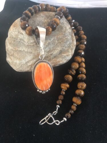 Navajo Spiny Oyster Pendant with Tigers Eye | Sterling Silver Necklace | Authentic Native American Handmade | 3652