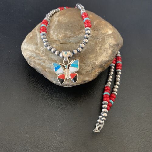 Opal Inlay Butterfly Pendant | Navajo Sterling Silver | Coral & Turquoise | 21" | 12582