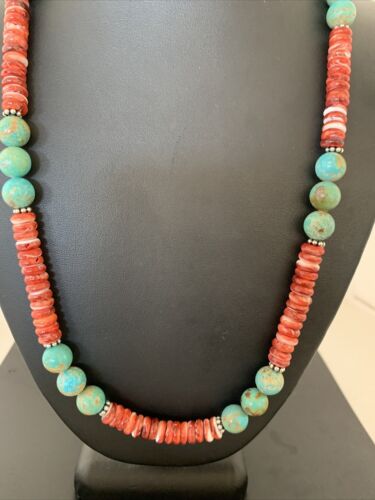 Men's Royston Turquoise & Red Spiny Necklace | Navajo Pearl | Sterling Silver | Native American | 22" | 02173