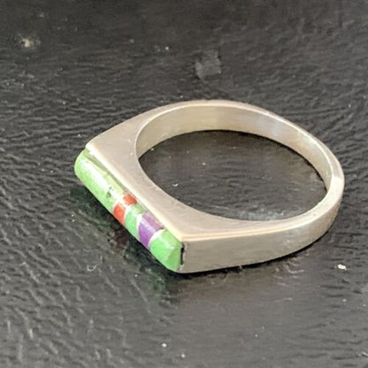Southwestern Navajo Green Gaspeite Sugilite Red Coral Inlay Ring | Sz 7 | 02248
