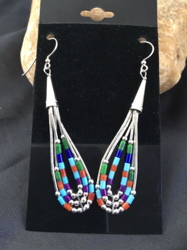 Handmade Liquid Silver Heishi Dangle Earrings | Turquoise Coral | Sterling Silver | 2" | 2009