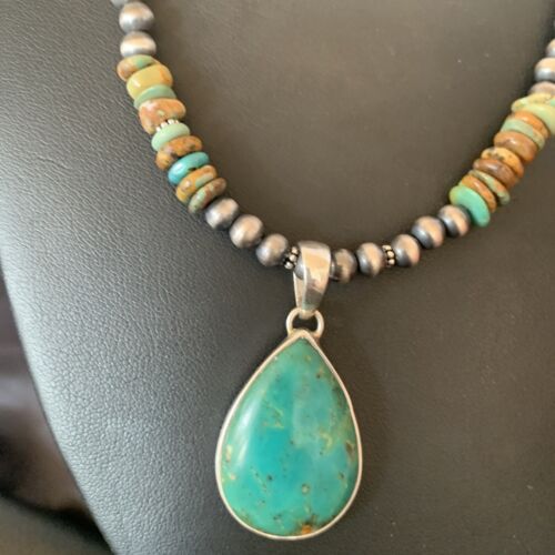 Navajo Royston Bead Green Turquoise Necklace Pendant | Sterling Silver | Authentic Native American Handmade | 11868