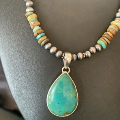 Navajo Royston Bead Green Turquoise Necklace Pendant | Sterling Silver | Authentic Native American Handmade | 11868