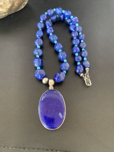 Navajo Blue Lapis Turquoise Pendant Necklace | Sterling Silver | 20" | Authentic Native American Handmade | 10269