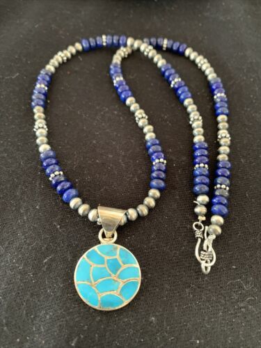 Navajo Sterling Silver Lapis Blue Turquoise Inlay Pendant Necklace | Authentic Native American Handmade | 1172