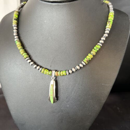 Navajo Green Turquoise Pendant Necklace | Sterling Silver | 22" | Authentic Native American Handmade | 14612