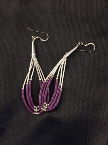 Handmade Liquid Silver Heishi Tube Beads Sugilite Earrings | Sterling Silver | 2" | 1985