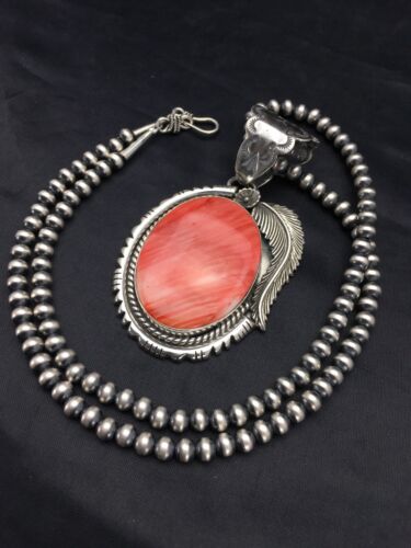 Navajo Red Spiny Oyster Pendant Necklace Set | Sterling Silver | Authentic Native American Handmade | Yazzie | 2879