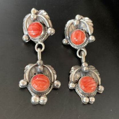 Navajo Red Spiny Oyster Dangle Earrings | Sterling Silver | Authentic Native American Handmade | 2066