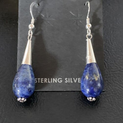Navajo Lapis Lazuli Bead Dangle Earrings | Sterling Silver | 1" | Authentic Native American Handmade | 13330