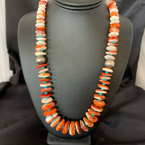 Navajo Spiny Oyster Turquoise Necklace | Sterling Silver | Graduated 22" | Authentic Native American | 10643 - Masha USA