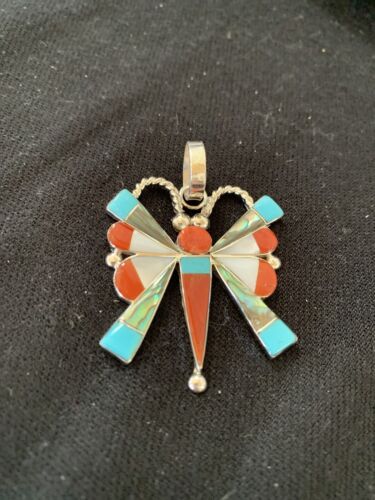 Zuni Turquoise Coral Mother of Pearl Butterfly Necklace Pin Pendant | Sterling Silver Inlay | 1368