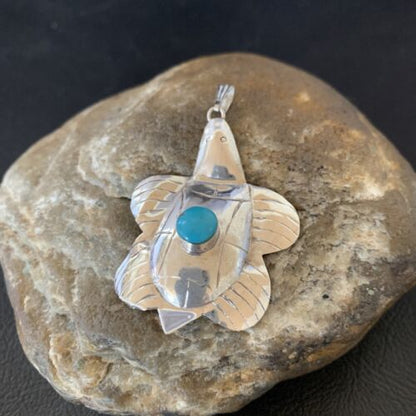 Navajo Blue Turquoise Turtle Pendant | Sterling Silver | Authentic Native American Handmade | 12804