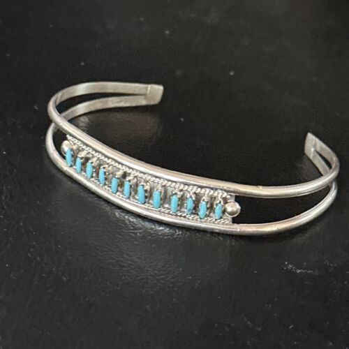 Zuni Blue Turquoise Needle Point Cuff Inlay Bracelet | Sterling Silver | Authentic Native American Handmade | 14594