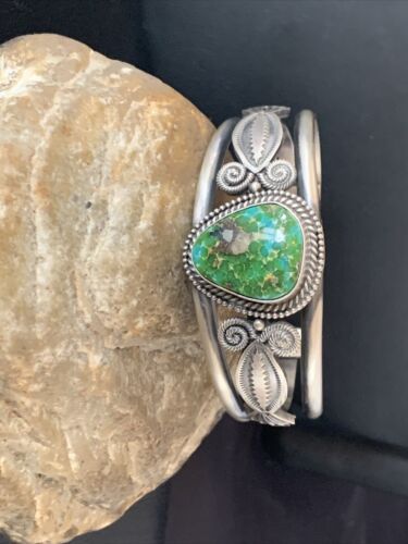 Navajo Green Sonoran Gold Turquoise Cuff Bracelet | Sterling Silver | Authentic Native American Handmade | 13830