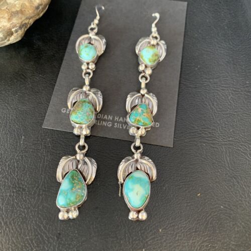 Navajo Sonoran Gold Turquoise Earrings | Sterling Silver | 3 Dangle | Authentic Native American Handmade | 13924