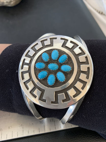 Men's Cluster Navajo Blue Kingman Turquoise Cuff Bracelet | Sterling Silver | Authentic Native American Handmade | 1652