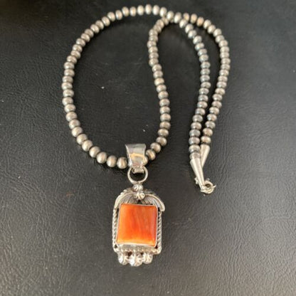 Navajo Orange Spiny Oyster Square Pendant Necklace | Sterling Silver | Authentic Native American Handmade | 13639