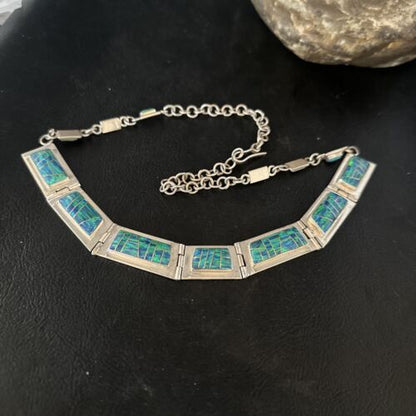Native American Women's Blue Opal Navajo Necklace | Sterling Silver Inlay Pendant | 14649