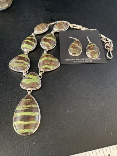 Navajo Green Gaspeite Necklace Choker Earrings Set | Sterling Silver Pendant | 19" | Authentic Native American Handmade | 13795