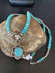 Navajo Blue Turquoise Pendant Necklace | Sterling Silver Pearls | Authentic Native American Handmade | 13216
