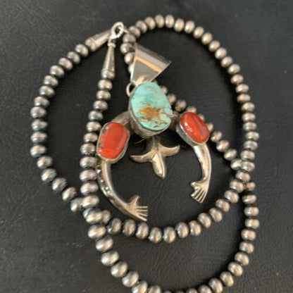 Navajo Pearl Necklace with Royston Turquoise & Coral Naja Pendant | Sterling Silver | 13643