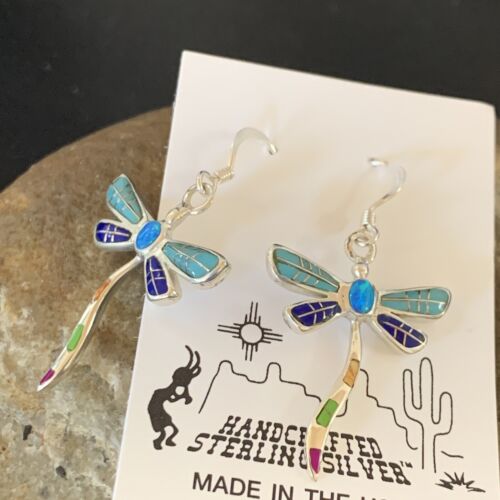 Navajo Dragonfly Turquoise Spiny Opal Inlay Earrings | Sterling Silver | 1" | Authentic Native American Handmade | 12016