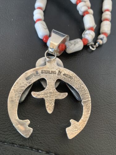 Navajo White Buffalo Turquoise Coral Naja Pendant | Sterling Silver | Authentic Native American Handmade | 10516