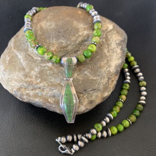 Navajo Green Gaspeite Turquoise Pendant | Sterling Silver Inlay | Authentic Native American Handmade | 12361 - Masha USA