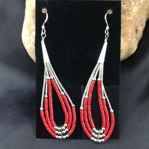 Liquid Silver Heishi Dangle Earrings | Apple Sponge Coral | Sterling Silver | 2.25" | 1981