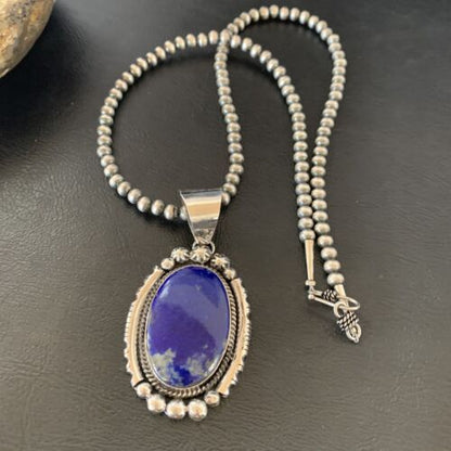 Native American Navajo Blue Lapis Pendant Necklace | Sterling Silver | Authentic Handmade | 11679 - Masha USA