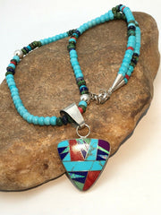 Authentic Native American Sterling Silver Necklace | Blue Turquoise Multicolor Pendant | Navajo Handmade | 21" | 4277