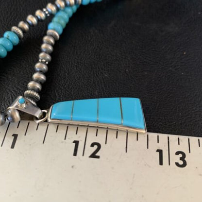Navajo Blue Turquoise Inlay Pendant Necklace | Sterling Silver | Authentic Native American Handmade | 13866
