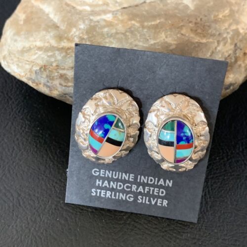 Women's Multi-Color Blue Turquoise Nugget Earrings | Sterling Silver | Authentic Native American Handmade | 13014