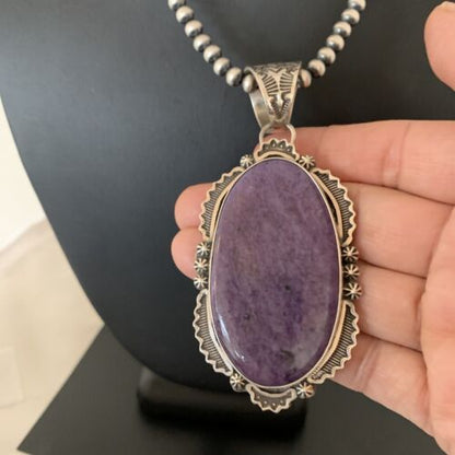 Southwestern Navajo Pearls Necklace | Sterling Silver Charoite Pendant | Authentic Native American Handmade | 1280