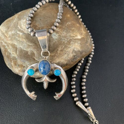 Navajo Sterling Silver Pendant Necklace | Denim Lapis & Turquoise | Authentic Native American Handmade | 13633