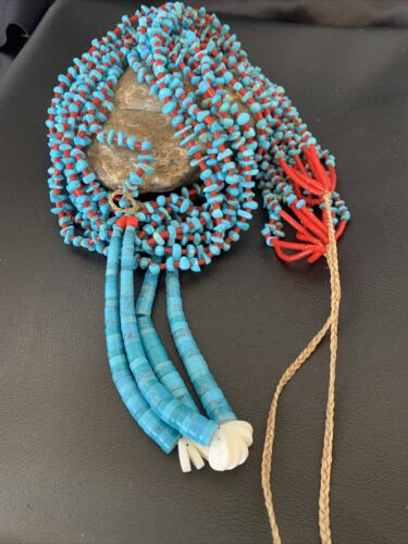 Southwestern Santo Domingo Red Coral Blue Turquoise Necklace | 10 Strand | 40" | 12046