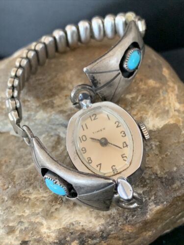 Navajo Sterling Silver Watch Tips | Old Pawn Turquoise Shadowbox | Authentic Native American Jewelry | 1449